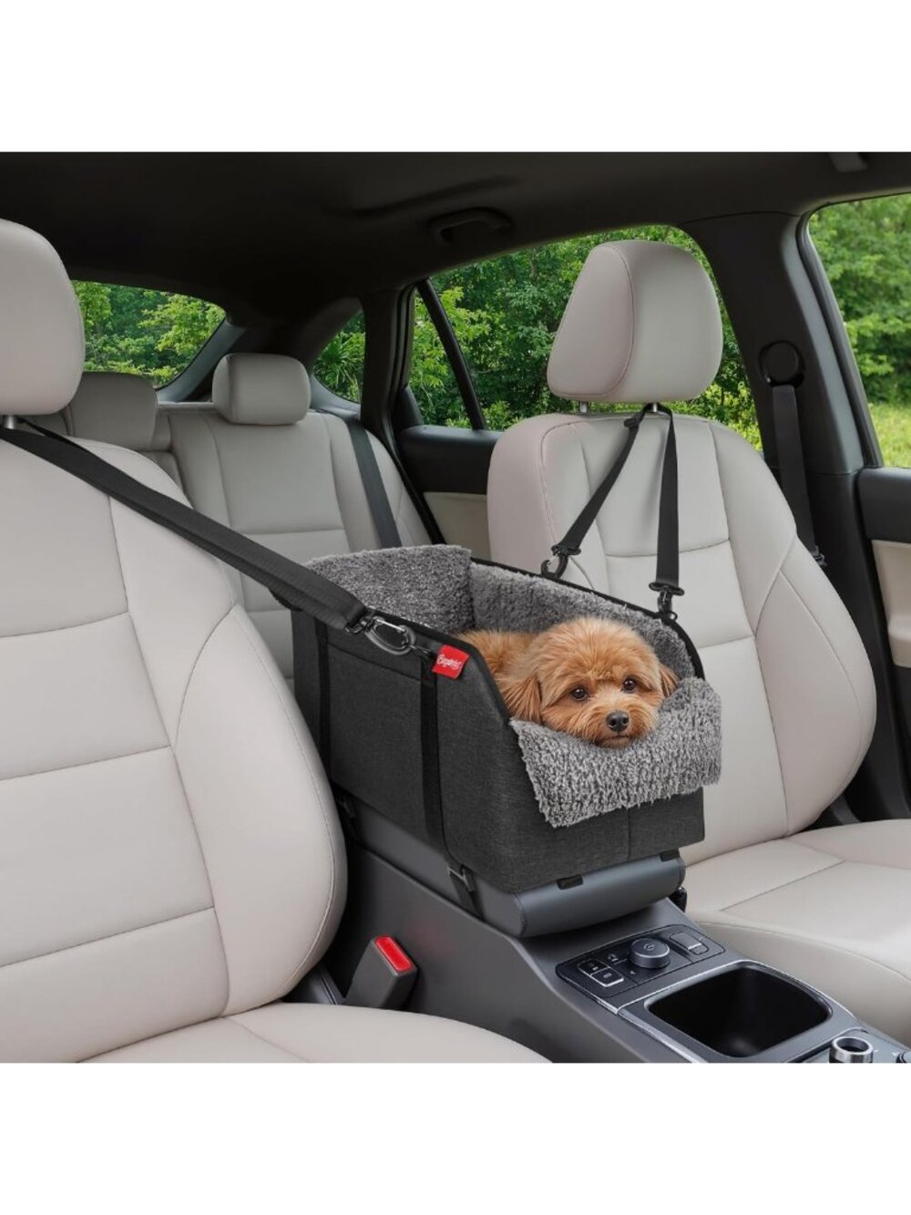 Cozy Grey Center Console Dog Car Seat for Small Pets up to 11lbs - Travel Safe!